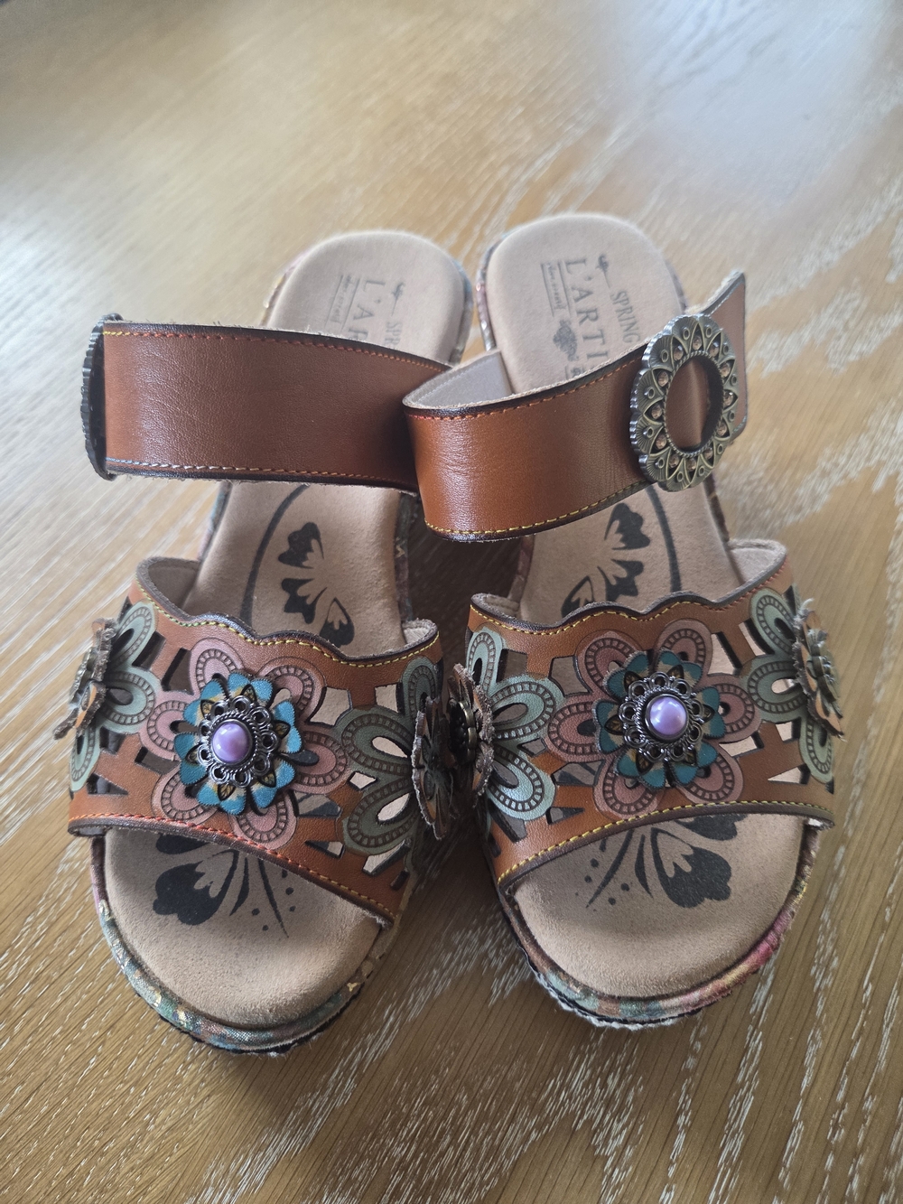 L'Artiste Artisan Floral Embellished Brown Sandals
